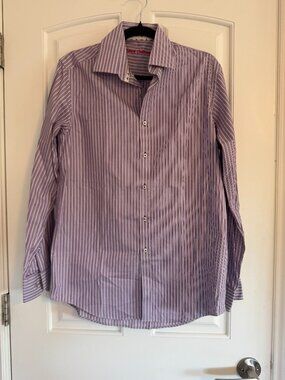 Men's S 15", 32-33" Report Collection Purple White Striped Dress Shirt Cotton